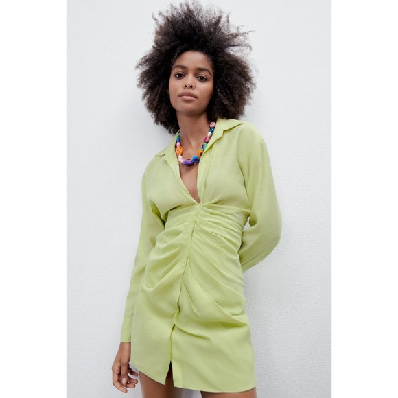 Zara Dress Mini Long Sleeve Draped Green Size M NEW - Picture 1 of 10